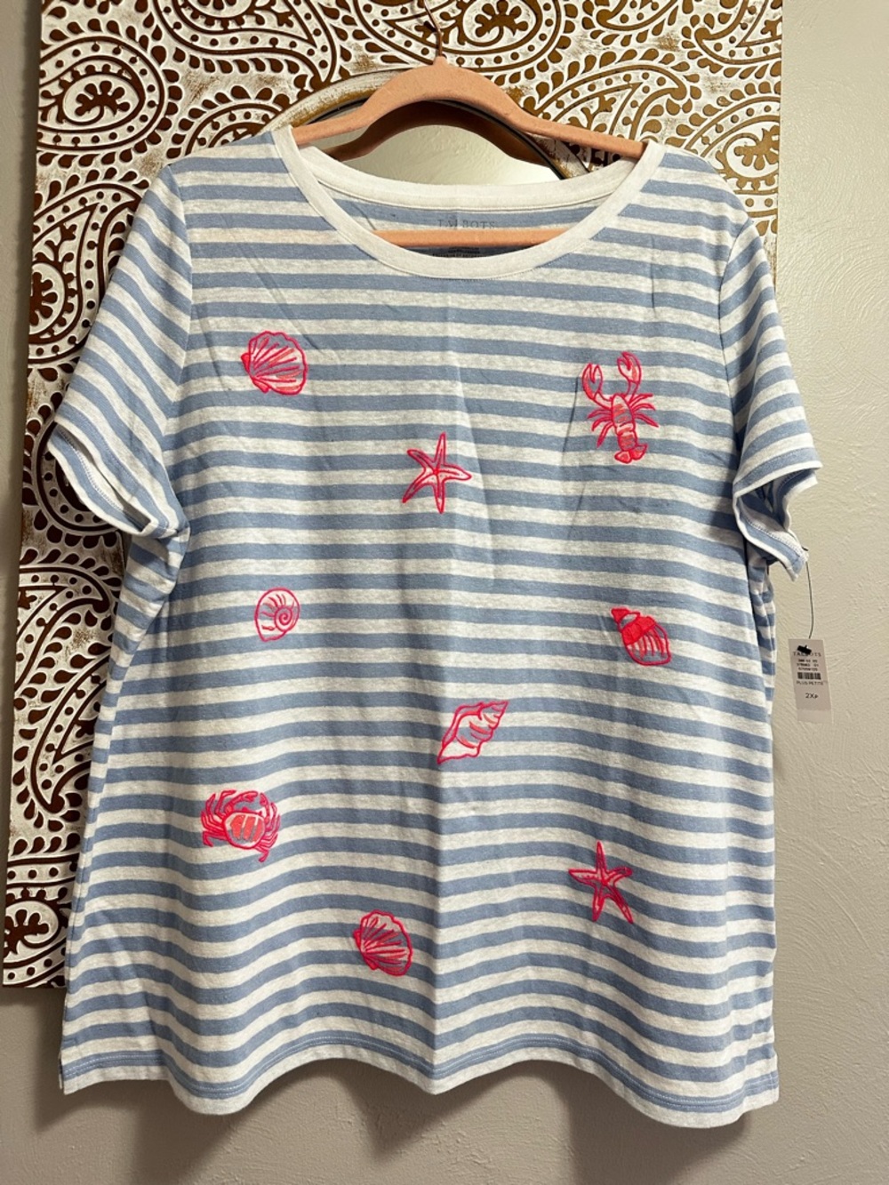Talbots Blue & White Striped Tee with Pink Sea Motifs